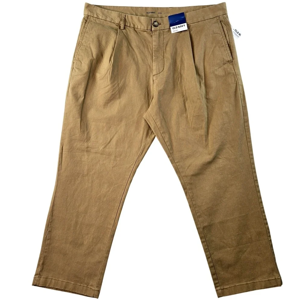 Old Navy Pants Mens 38x30 Beige Chino Relaxed Cotton‎ Spandex Pleated Pockets